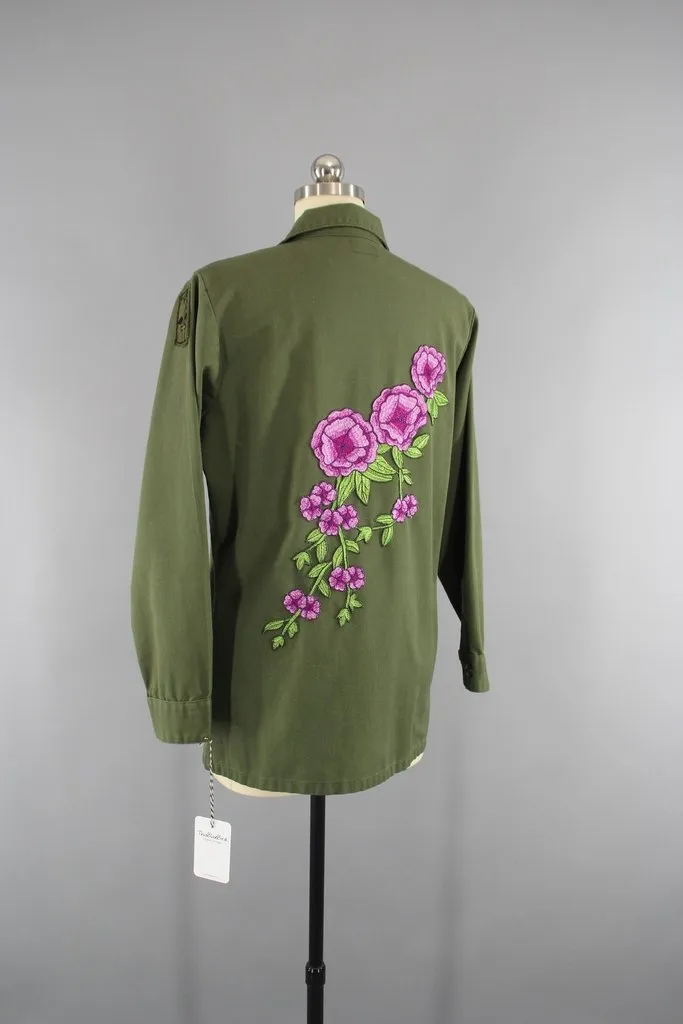 1970s Vintage Embroidered US Army Jacket with Purple Floral Embroidery