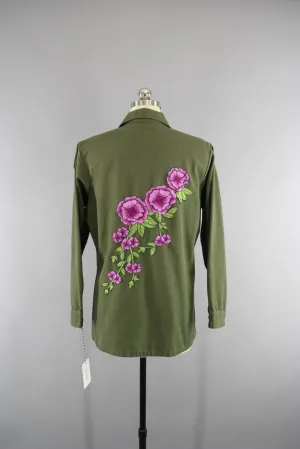 1970s Vintage Embroidered US Army Jacket with Purple Floral Embroidery