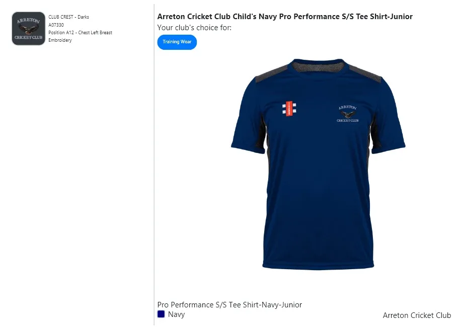 Arreton Cricket Club Child's Navy Pro Performance S/S Tee Shirt-Junior