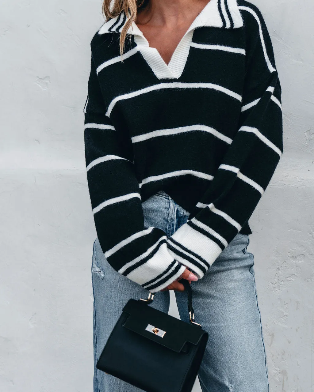 Black and White Stripe Collared Sweater