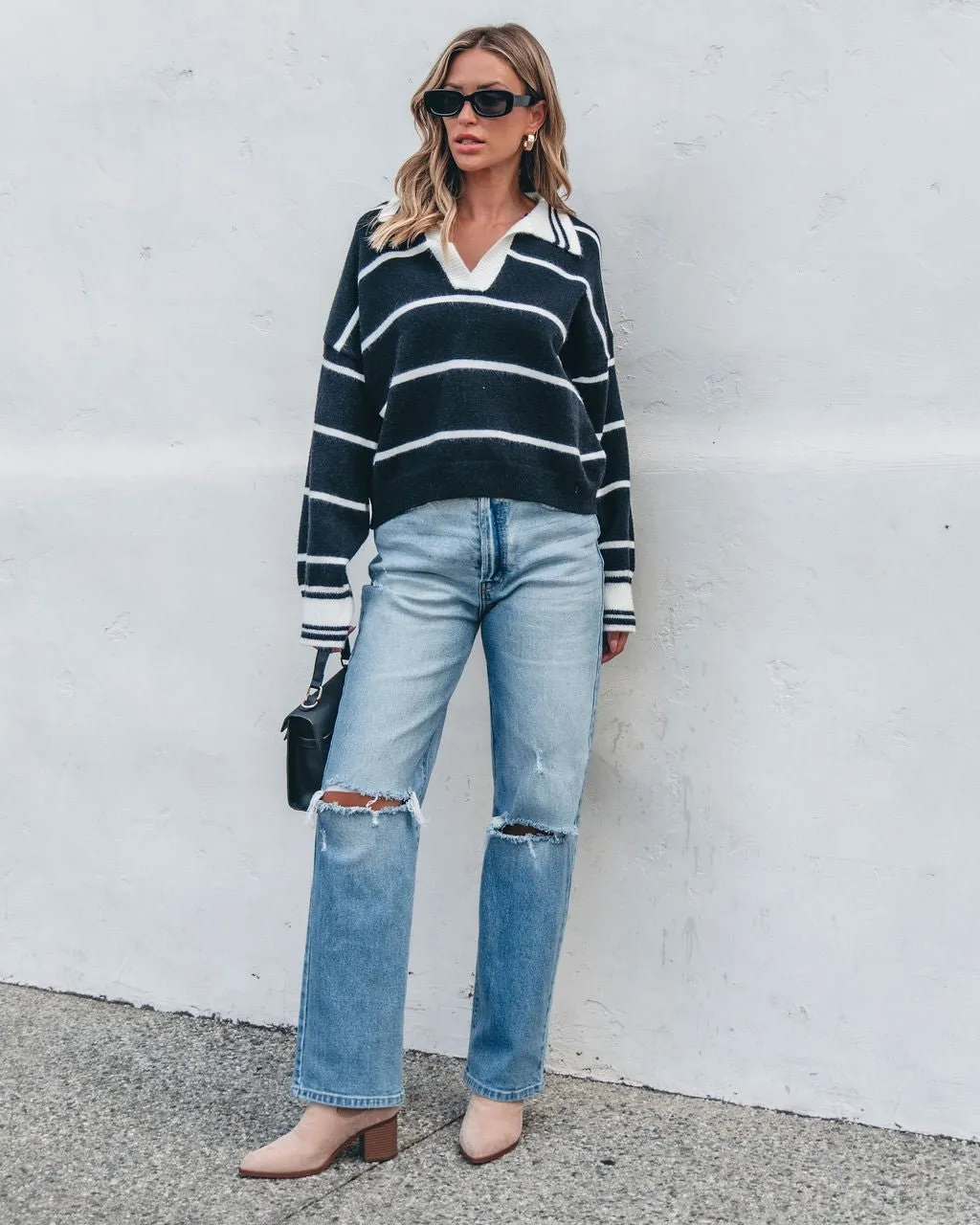 Black and White Stripe Collared Sweater