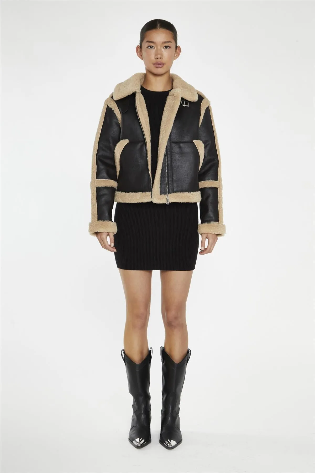 Black-Beige Faux-Fur Trim Jacket