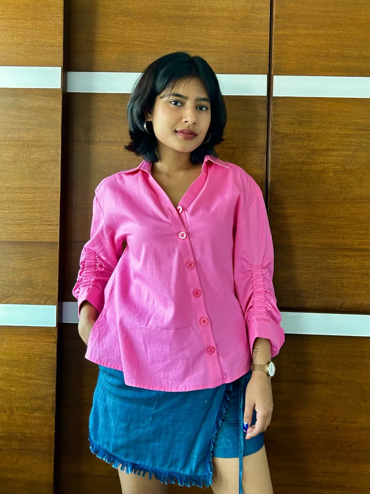 BUBBLEGUM POPLIN RUCHED SHIRT