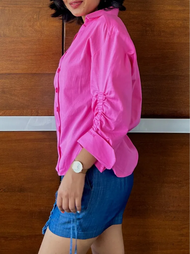 BUBBLEGUM POPLIN RUCHED SHIRT