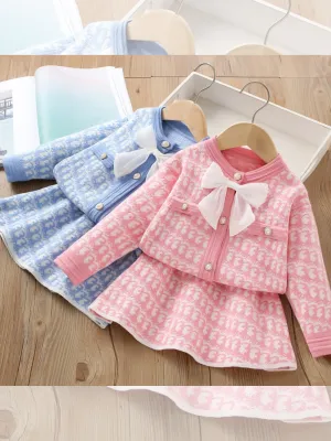 Charming Knitted Girls' Bow-Accent Jacket and Skirt Set