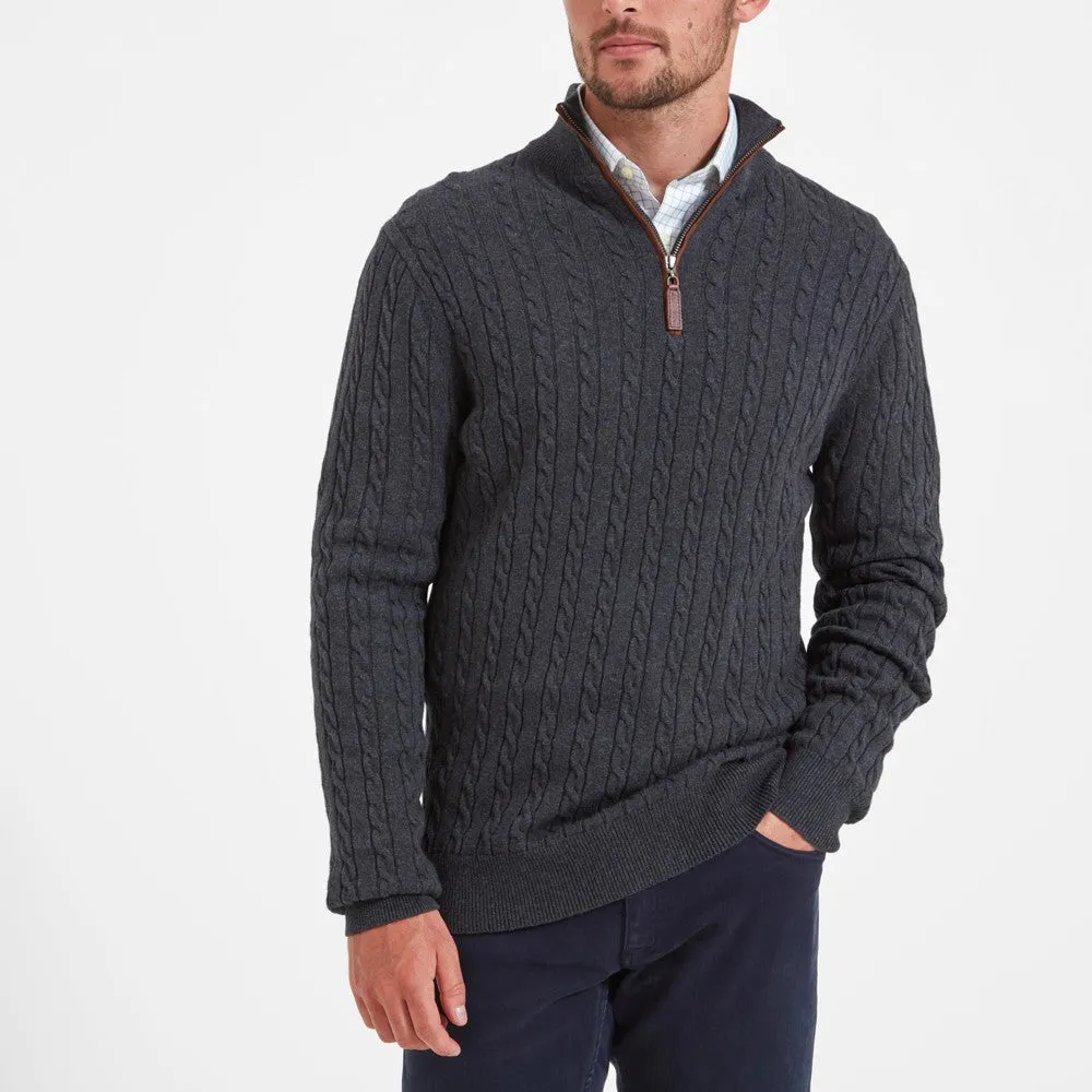 Cotton Cashmere 1/4 Zip Cable Knit Jumper - Charcoal