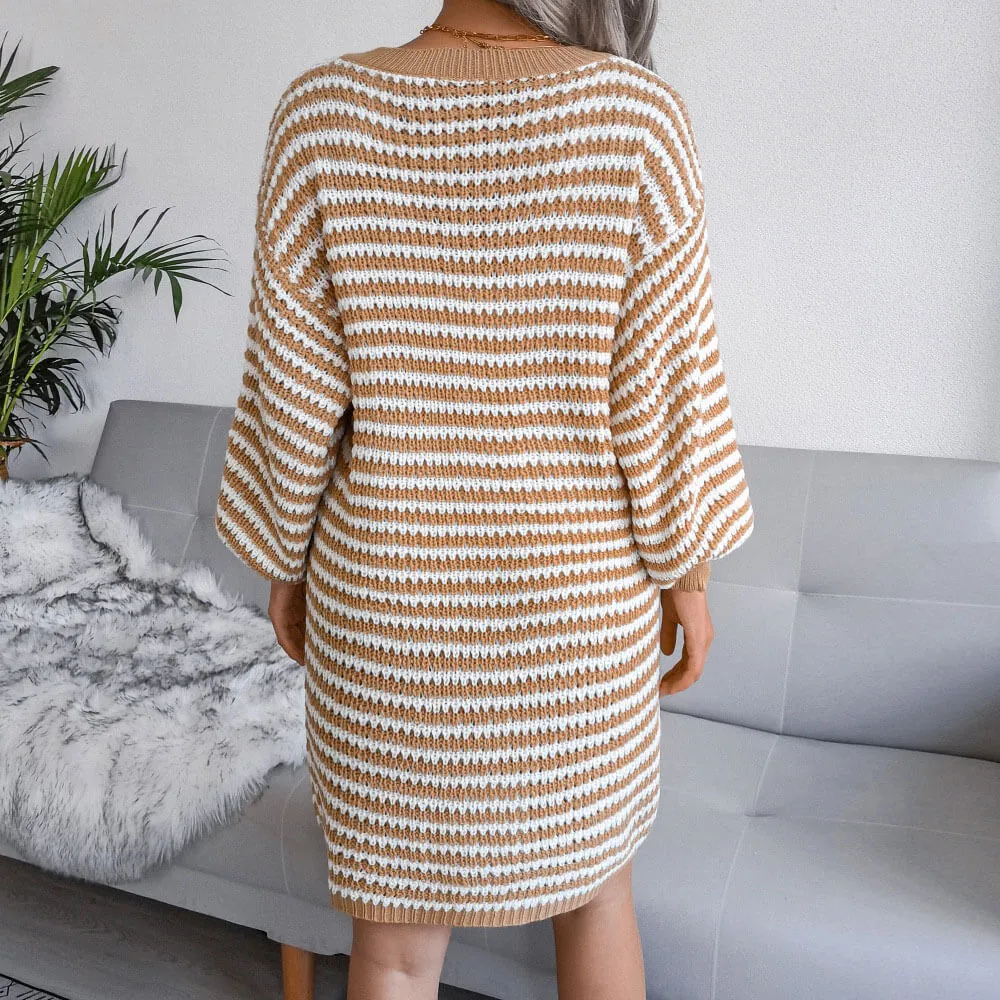 Cozy V Neck Balloon Sleeve Contrast Striped Sweater Mini Dress