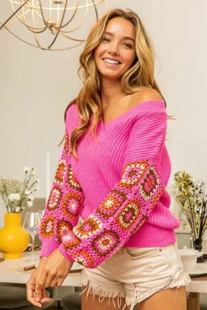 Explore More Collection - BiBi V-Neck Crochet Long Sleeve Sweater