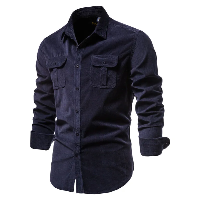 Men's Solid Color Corduroy Long Sleeve Shirt Top with Chest Pocket-19028