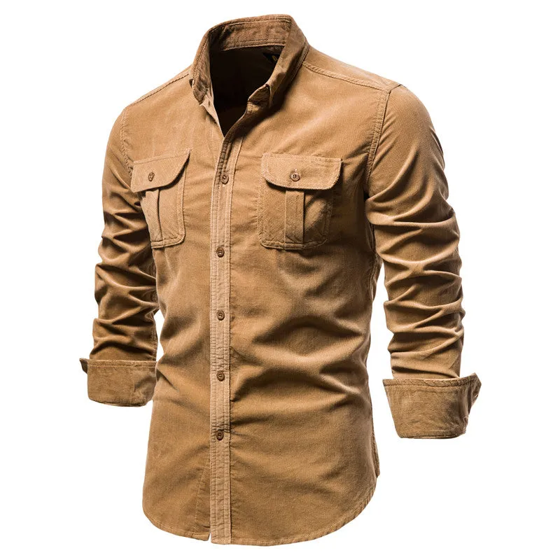 Men's Solid Color Corduroy Long Sleeve Shirt Top with Chest Pocket-19028