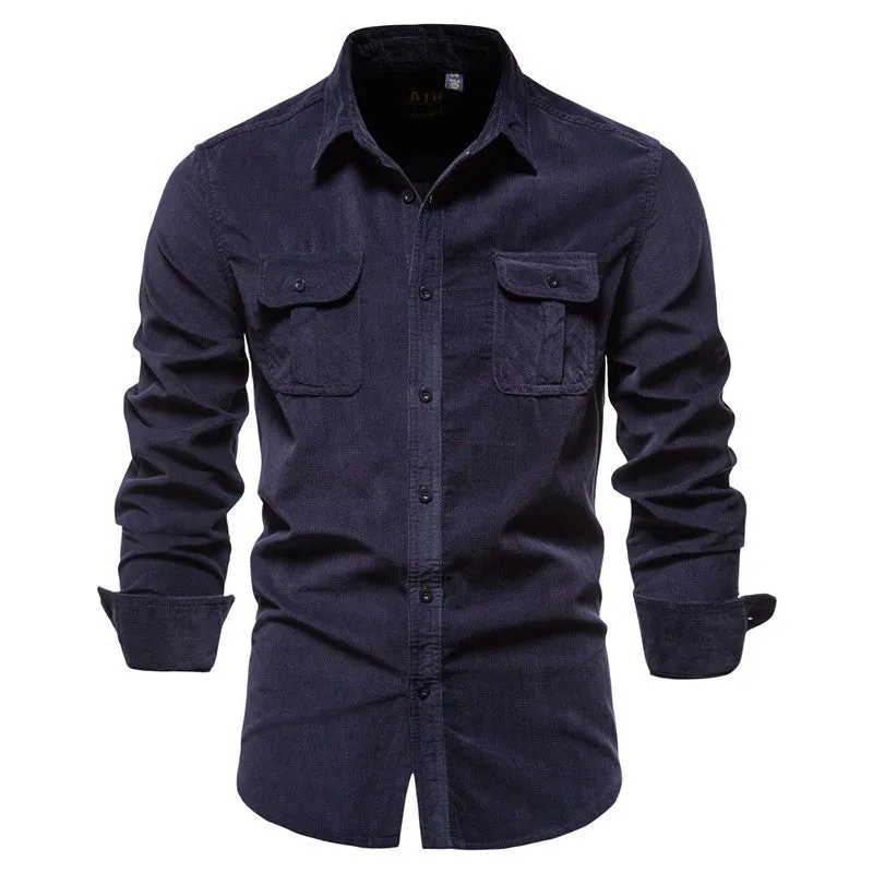 Men's Solid Color Corduroy Long Sleeve Shirt Top with Chest Pocket-19028