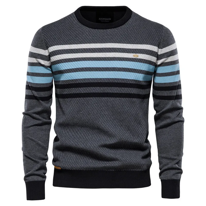 Men's Sweater Crewneck Warm Cotton Classic Pullover Striped -Y183