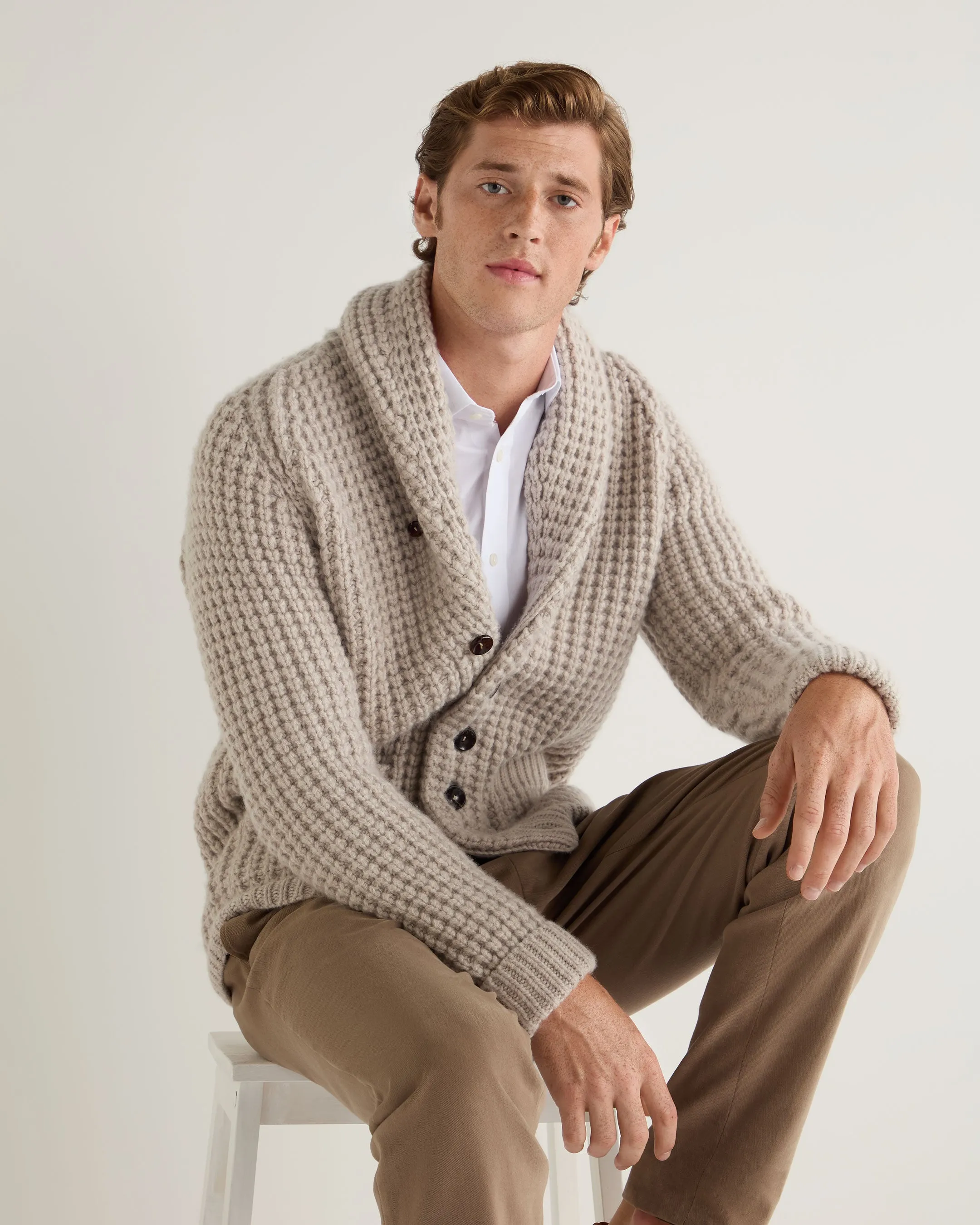 Men's Textured Kensington Cashmere Cardigan Sand Brown