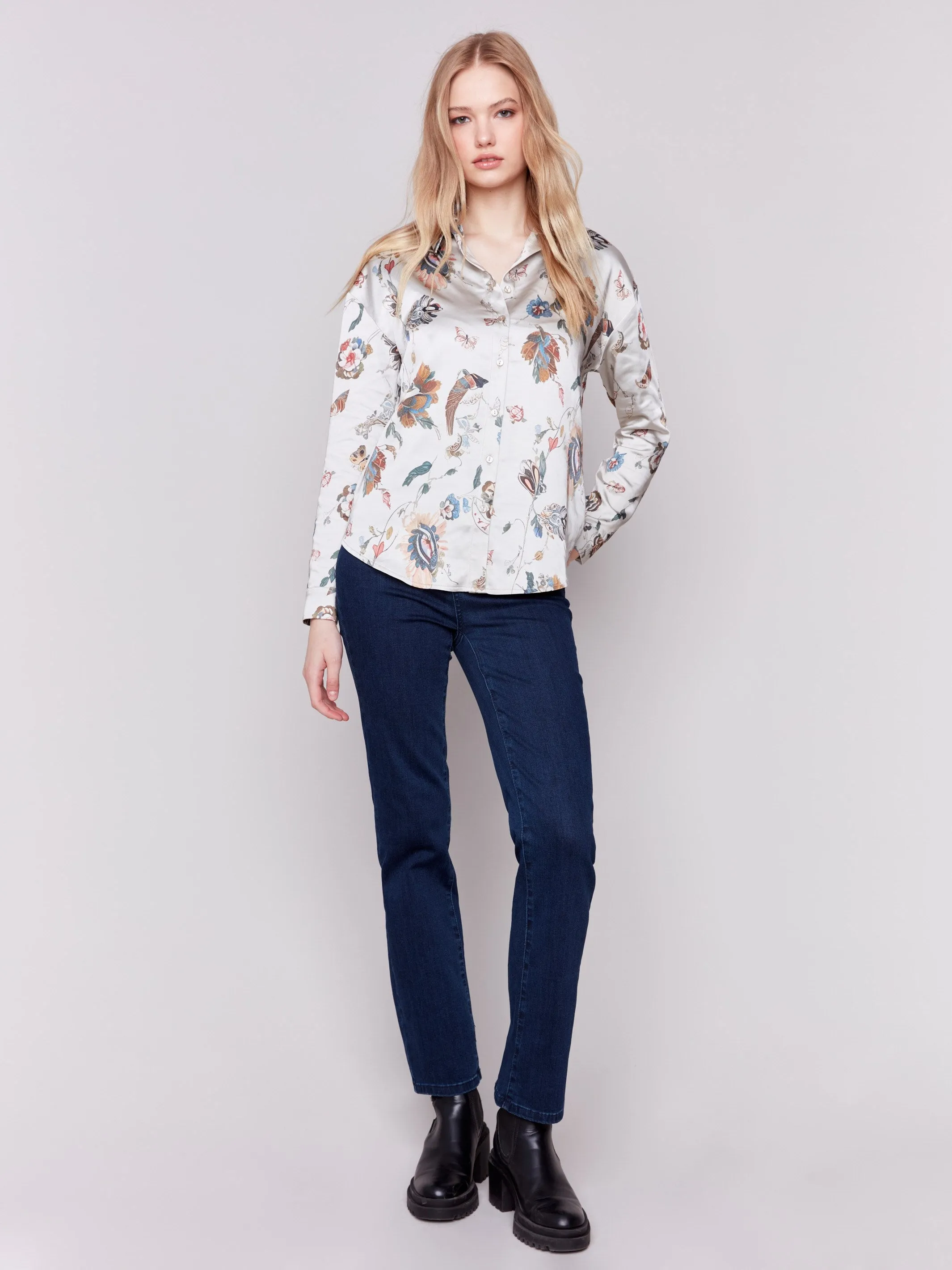 Printed Satin Button-Down Shirt - Cashmere