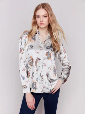 Printed Satin Button-Down Shirt - Cashmere