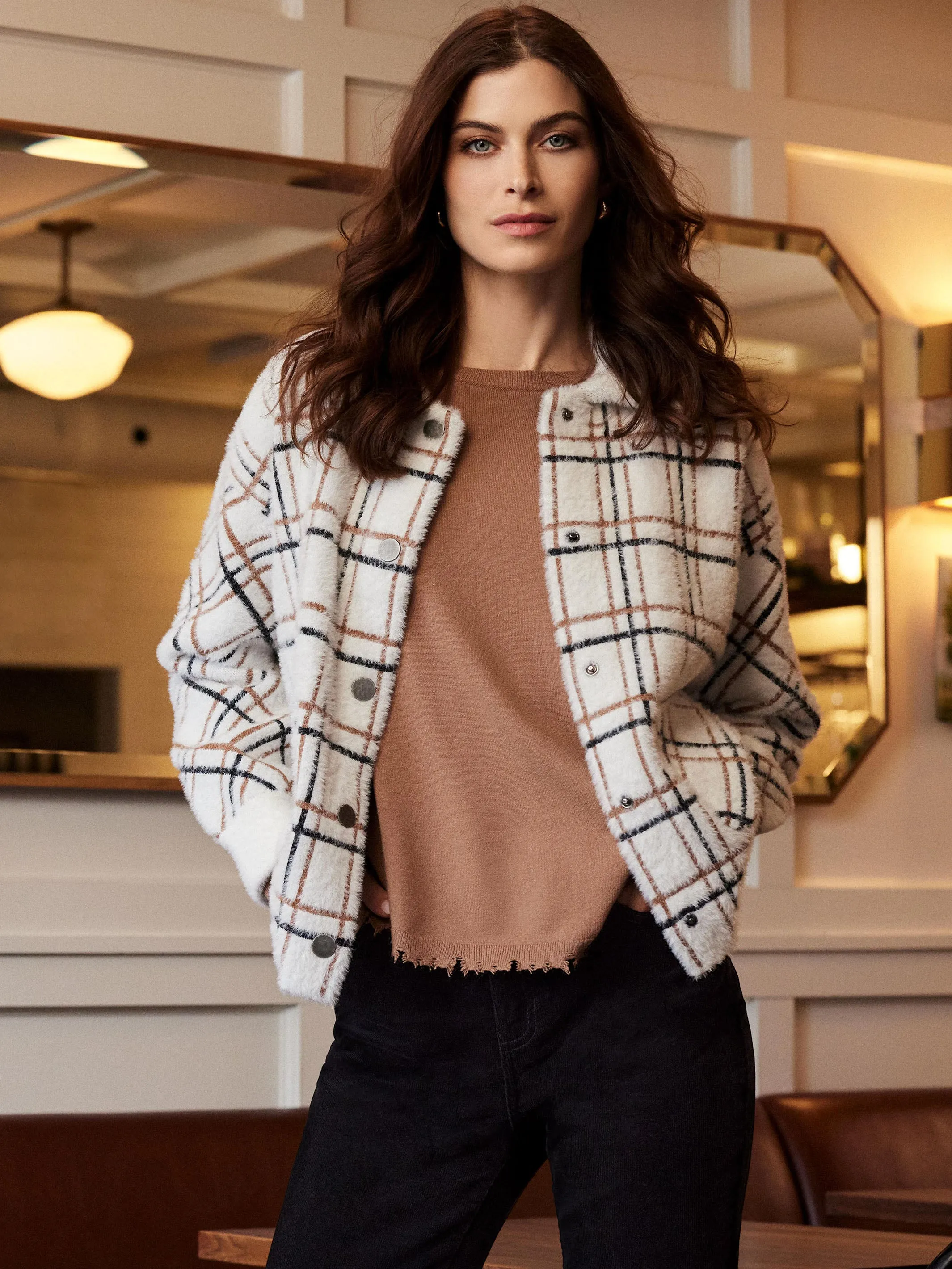 Short Plaid Knit Jacket - Terracotta