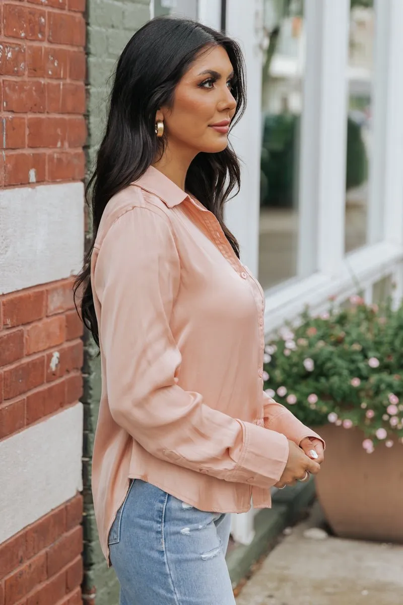 Sleek Satin Button Down Shirt - Salmon - FINAL SALE