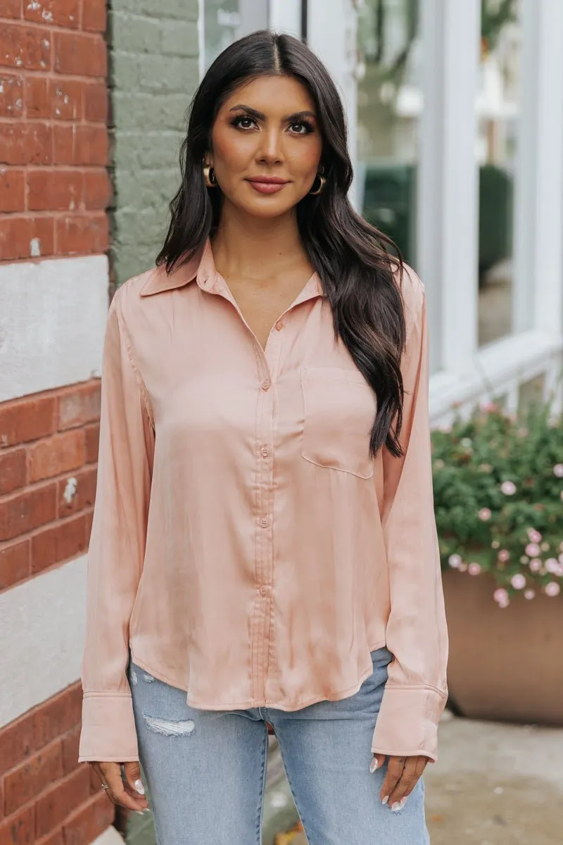 Sleek Satin Button Down Shirt - Salmon - FINAL SALE