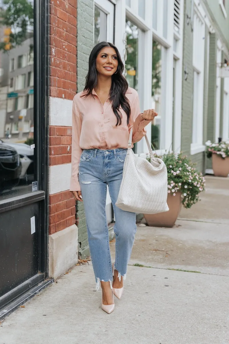 Sleek Satin Button Down Shirt - Salmon - FINAL SALE