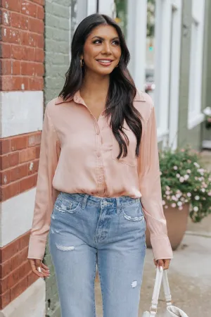 Sleek Satin Button Down Shirt - Salmon - FINAL SALE